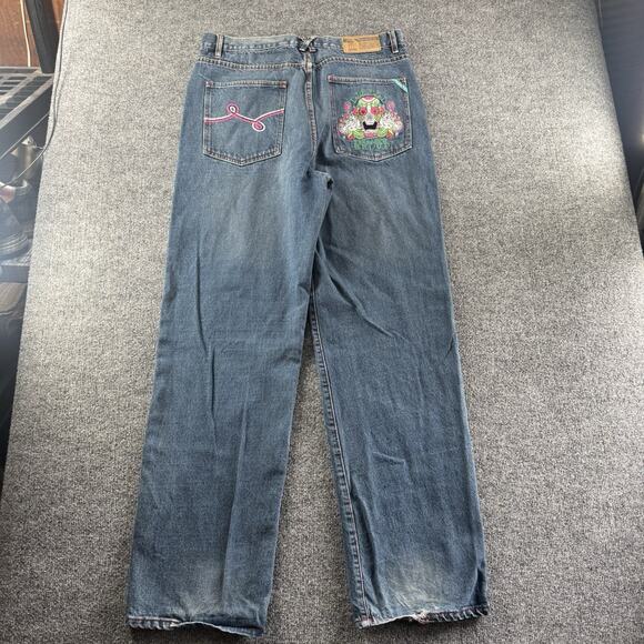 Y2K LRG Denim Jeans Baggy Embroidered Sugar Skull Rare Vintage Size 36 - Picture 3 of 11